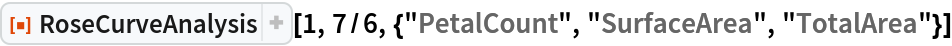 ResourceFunction["RoseCurveAnalysis"][1, 7/6, {"PetalCount", "SurfaceArea", "TotalArea"}]