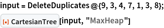 input = DeleteDuplicates@{9, 3, 4, 7, 1, 3, 8};
ResourceFunction["CartesianTree"][input, "MaxHeap"]