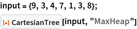 input = {9, 3, 4, 7, 1, 3, 8};
ResourceFunction["CartesianTree"][input, "MaxHeap"]