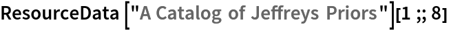 ResourceData[\!\(\*
TagBox["\"\<A Catalog of Jeffreys Priors\>\"",
#& ,
BoxID -> "ResourceTag-A Catalog of Jeffreys Priors-Input",
AutoDelete->True]\)][1 ;; 8]