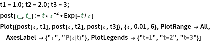 t1 = 1.0; t2 = 2.0; t3 = 3;
post[\[Tau]_, t_] := t*\[Tau]^-2*Exp[-t/\[Tau]]
Plot[{post[\[Tau], t1], post[\[Tau], t2], post[\[Tau], t3]}, {\[Tau], 0.01, 6}, PlotRange -> All, AxesLabel -> {"\[Tau]", "P(\[Tau]|t)"}, PlotLegends -> {"t=1", "t=2", "t=3"}]