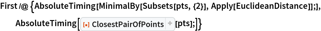 First /@ {AbsoluteTiming[
   MinimalBy[Subsets[pts, {2}], Apply[EuclideanDistance]];], AbsoluteTiming[ResourceFunction["ClosestPairOfPoints"][pts];]}