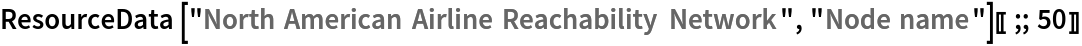 ResourceData[\!\(\*
TagBox["\"\<North American Airline Reachability Network\>\"",
#& ,
BoxID -> "ResourceTag-North American Airline Reachability Network-Input",
AutoDelete->True]\), "Node name"][[;; 50]]