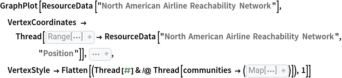GraphPlot[ResourceData[\!\(\*
TagBox["\"\<North American Airline Reachability Network\>\"",
#& ,
BoxID -> "ResourceTag-North American Airline Reachability Network-Input",
AutoDelete->True]\)], VertexCoordinates -> Thread[Range[
Length[
ResourceData[
ResourceObject[
EvaluationNotebook[]], "Position"]]] -> ResourceData[\!\(\*
TagBox["\"\<North American Airline Reachability Network\>\"",
#& ,
BoxID -> "ResourceTag-North American Airline Reachability Network-Input",
AutoDelete->True]\), "Position"]], Sequence[
 EdgeStyle -> Directive[Thin, 
Opacity[0.05]], VertexSize -> 50], VertexStyle -> Flatten[(Thread[#] & /@ Thread[communities -> (
Map[
ColorData[114], 
Range[
Length[communities]]])]), 1]]