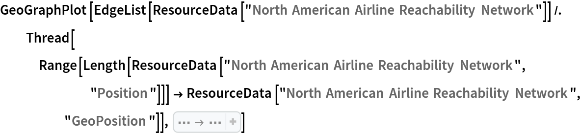 GeoGraphPlot[EdgeList[ResourceData[\!\(\*
TagBox["\"\<North American Airline Reachability Network\>\"",
#& ,
BoxID -> "ResourceTag-North American Airline Reachability Network-Input",
AutoDelete->True]\)]] /. Thread[Range[Length[ResourceData[\!\(\*
TagBox["\"\<North American Airline Reachability Network\>\"",
#& ,
BoxID -> "ResourceTag-North American Airline Reachability Network-Input",
AutoDelete->True]\), "Position"]]] -> ResourceData[\!\(\*
TagBox["\"\<North American Airline Reachability Network\>\"",
#& ,
BoxID -> "ResourceTag-North American Airline Reachability Network-Input",
AutoDelete->True]\), "GeoPosition"]], EdgeStyle -> Directive[Thin, 
Opacity[0.05]]]