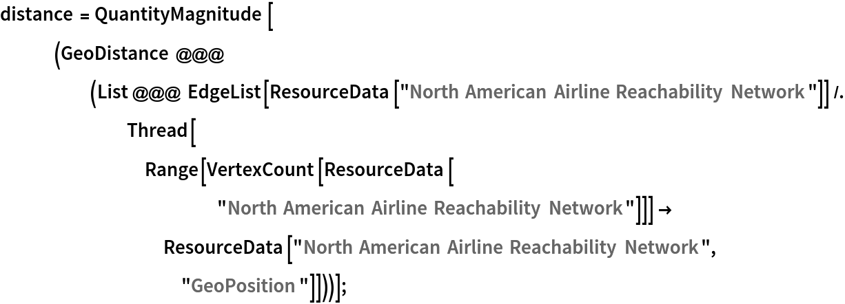 distance = QuantityMagnitude[(GeoDistance @@@ (List @@@ EdgeList[ResourceData[\!\(\*
TagBox["\"\<North American Airline Reachability Network\>\"",
#& ,
BoxID -> "ResourceTag-North American Airline Reachability Network-Input",
AutoDelete->True]\)]] /. Thread[Range[VertexCount[ResourceData[\!\(\*
TagBox["\"\<North American Airline Reachability Network\>\"",
#& ,
BoxID -> "ResourceTag-North American Airline Reachability Network-Input",
AutoDelete->True]\)]]] -> ResourceData[\!\(\*
TagBox["\"\<North American Airline Reachability Network\>\"",
#& ,
BoxID -> "ResourceTag-North American Airline Reachability Network-Input",
AutoDelete->True]\), "GeoPosition"]]))];