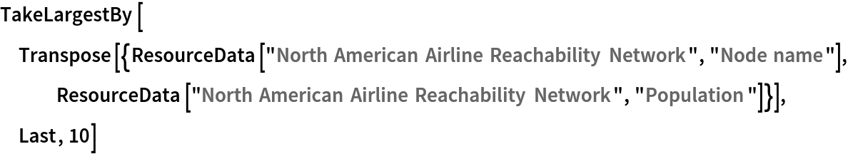 TakeLargestBy[Transpose[{ResourceData[\!\(\*
TagBox["\"\<North American Airline Reachability Network\>\"",
#& ,
BoxID -> "ResourceTag-North American Airline Reachability Network-Input",
AutoDelete->True]\), "Node name"], ResourceData[\!\(\*
TagBox["\"\<North American Airline Reachability Network\>\"",
#& ,
BoxID -> "ResourceTag-North American Airline Reachability Network-Input",
AutoDelete->True]\), "Population"]}], Last, 10]