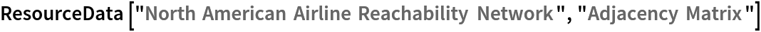 ResourceData[\!\(\*
TagBox["\"\<North American Airline Reachability Network\>\"",
#& ,
BoxID -> "ResourceTag-North American Airline Reachability Network-Input",
AutoDelete->True]\), "Adjacency Matrix"]