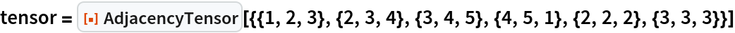 tensor = ResourceFunction[
  "AdjacencyTensor"][{{1, 2, 3}, {2, 3, 4}, {3, 4, 5}, {4, 5, 1}, {2, 2, 2}, {3, 3, 3}}]