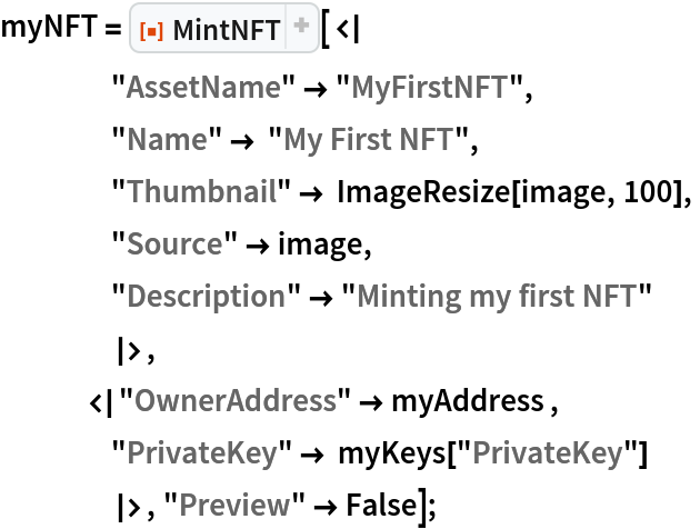 myNFT = ResourceFunction["MintNFT"][<|
    "AssetName" -> "MyFirstNFT",
    "Name" -> "My First NFT",
    "Thumbnail" -> ImageResize[image, 100],
    "Source" -> image,
    "Description" -> "Minting my first NFT"
    |>,
   <|"OwnerAddress" -> myAddress ,
    "PrivateKey" -> myKeys["PrivateKey"]
    |>, "Preview" -> False];