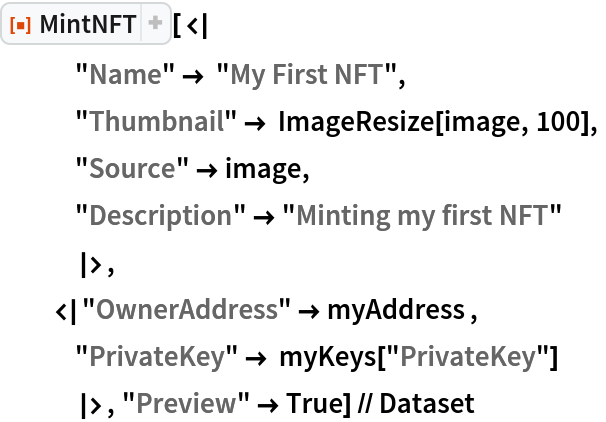 ResourceFunction["MintNFT"][<|
   "Name" -> "My First NFT",
   "Thumbnail" -> ImageResize[image, 100],
   "Source" -> image,
   "Description" -> "Minting my first NFT"
   |>,
  <|"OwnerAddress" -> myAddress ,
   "PrivateKey" -> myKeys["PrivateKey"]
   |>, "Preview" -> True] // Dataset