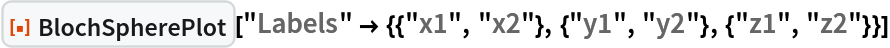 ResourceFunction["BlochSpherePlot"][
 "Labels" -> {{"x1", "x2"}, {"y1", "y2"}, {"z1", "z2"}}]