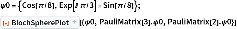 \[Psi]0 = {Cos[\[Pi]/8], Exp[I \[Pi]/3] Sin[\[Pi]/8]};
ResourceFunction[
 "BlochSpherePlot", ResourceSystemBase -> "https://www.wolframcloud.com/obj/resourcesystem/api/1.0"][{\[Psi]0, PauliMatrix[3] . \[Psi]0, PauliMatrix[2] . \[Psi]0}]