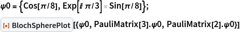 \[Psi]0 = {Cos[\[Pi]/8], Exp[I \[Pi]/3] Sin[\[Pi]/8]};
ResourceFunction[
 "BlochSpherePlot"][{\[Psi]0, PauliMatrix[3] . \[Psi]0, PauliMatrix[2] . \[Psi]0}]