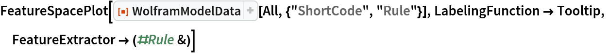 FeatureSpacePlot[
 ResourceFunction["WolframModelData"][All, {"ShortCode", "Rule"}], LabelingFunction -> Tooltip,
 FeatureExtractor -> (#Rule &)]