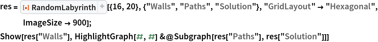 res = ResourceFunction[
   "RandomLabyrinth"][{16, 20}, {"Walls", "Paths", "Solution"}, "GridLayout" -> "Hexagonal", ImageSize -> 900];
Show[res["Walls"], HighlightGraph[#, #] &@Subgraph[res["Paths"], res["Solution"]]]