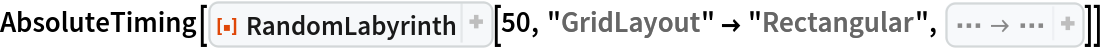 AbsoluteTiming[
 ResourceFunction["RandomLabyrinth"][50, "GridLayout" -> "Rectangular",
   EdgeShapeFunction -> ({
Opacity[1], 
AbsoluteThickness[1], 
Line[#]}& )]]