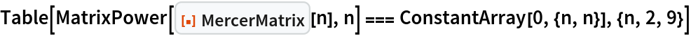 Table[MatrixPower[ResourceFunction["MercerMatrix"][n], n] === ConstantArray[0, {n, n}], {n, 2, 9}]