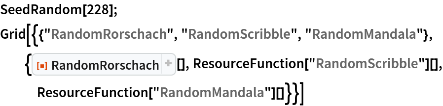 SeedRandom[228];
Grid[{{"RandomRorschach", "RandomScribble", "RandomMandala"}, {ResourceFunction["RandomRorschach"][], ResourceFunction["RandomScribble"][], ResourceFunction["RandomMandala"][]}}]