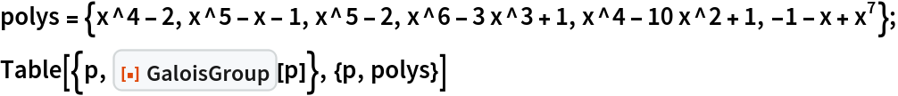 polys = {x^4 - 2, x^5 - x - 1, x^5 - 2, x^6 - 3 x^3 + 1, x^4 - 10 x^2 + 1, -1 - x + x^7};
Table[{p, ResourceFunction["GaloisGroup"][p]}, {p, polys}]