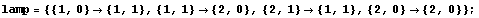 lamp = {{1, 0}  {1, 1}, {1, 1}  {2, 0}, {2, 1}  {1, 1}, {2, 0}  {2, 0}} ;