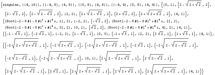 {singular, {{4, 16}}, {{-4, 8}, {4, 8}}, {{0, 8}, {4, 8}}, {{-4, 4}, {0, 8}, {4, 4}}, {{0, 1}, ... 2))^(1/2))^(1/2), 1}, {2 (2 + 2^(1/2))^(1/2), 1}, {2 (2 + (2 + 2^(1/2))^(1/2))^(1/2), 1}, {4, 1}}}