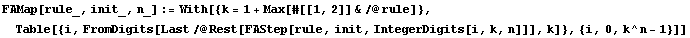 FAMap[rule_, init_, n_] := With[{k = 1 + Max[#[[1, 2]] &/@rule]}, Table[{i, FromDigits[Last/@Rest[FAStep[rule, init, IntegerDigits[i, k, n]]], k]}, {i, 0, k^n - 1}]]