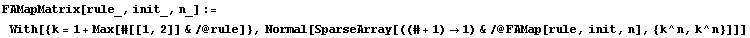 FAMapMatrix[rule_, init_, n_] := With[{k = 1 + Max[#[[1, 2]] &/@rule]}, Normal[SparseArray[((# + 1) 1) &/@FAMap[rule, init, n], {k^n, k^n}]]]