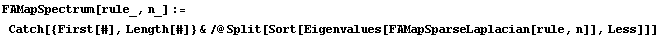 FAMapSpectrum[rule_, n_] := Catch[{First[#], Length[#]} &/@Split[Sort[Eigenvalues[FAMapSparseLaplacian[rule, n]], Less]]]