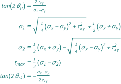 {Tan[2*QuantityVariable[Subscript["θ", "p"], "Angle"]] == (2*QuantityVariable[Subscript["τ", "x⁣y"], "Stress"])/(QuantityVariable[Subscript["σ", "x"], "Stress"] - QuantityVariable[Subscript["σ", "y"], "Stress"]), QuantityVariable[Subscript["σ", "1"], "Stress"] == (QuantityVariable[Subscript["σ", "x"], "Stress"] + QuantityVariable[Subscript["σ", "y"], "Stress"])/2 + Sqrt[(QuantityVariable[Subscript["σ", "x"], "Stress"] - QuantityVariable[Subscript["σ", "y"], "Stress"])^2/4 + QuantityVariable[Subscript["τ", "x⁣y"], "Stress"]^2], QuantityVariable[Subscript["σ", "2"], "Stress"] == (QuantityVariable[Subscript["σ", "x"], "Stress"] + QuantityVariable[Subscript["σ", "y"], "Stress"])/2 - Sqrt[(QuantityVariable[Subscript["σ", "x"], "Stress"] - QuantityVariable[Subscript["σ", "y"], "Stress"])^2/4 + QuantityVariable[Subscript["τ", "x⁣y"], "Stress"]^2], QuantityVariable[Subscript["τ", "max"], "Stress"] == (QuantityVariable[Subscript["σ", "1"], "Stress"] - QuantityVariable[Subscript["σ", "2"], "Stress"])/2, Tan[2*QuantityVariable[Subscript["θ", "s1"], "Angle"]] == -(QuantityVariable[Subscript["σ", "x"], "Stress"] - QuantityVariable[Subscript["σ", "y"], "Stress"])/(2*QuantityVariable[Subscript["τ", "x⁣y"], "Stress"])}