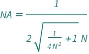 QuantityVariable["NA", "Unitless"] == 1/(2*Sqrt[1 + 1/(4*QuantityVariable["N", "Unitless"]^2)]*QuantityVariable["N", "Unitless"])