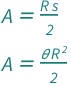 {QuantityVariable["A", "Area"] == (QuantityVariable["R", "Radius"]*QuantityVariable["s", "ArcLength"])/2, QuantityVariable["A", "Area"] == (QuantityVariable["R", "Radius"]^2*QuantityVariable["θ", "Angle"])/2}