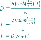 {QuantityVariable["D", "Length"] == ((-1 + Cosh[(QuantityVariable["S", "Length"]*QuantityVariable["w", "ForceGradient"])/(2*QuantityVariable["H", "Force"])])*QuantityVariable["H", "Force"])/QuantityVariable["w", "ForceGradient"], QuantityVariable["L", "Length"] == (2*QuantityVariable["H", "Force"]*Sinh[(QuantityVariable["S", "Length"]*QuantityVariable["w", "ForceGradient"])/(2*QuantityVariable["H", "Force"])])/QuantityVariable["w", "ForceGradient"], QuantityVariable["T", "Force"] == QuantityVariable["H", "Force"] + QuantityVariable["D", "Length"]*QuantityVariable["w", "ForceGradient"]}