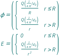 {QuantityVariable["ϕ", "ElectricPotential"] == Piecewise[{{(Quantity[Rational[1, 4]/Pi, "ElectricConstant"^(-1)]*QuantityVariable["Q", "ElectricCharge"])/QuantityVariable["R", "Radius"], QuantityVariable["r", "Distance"] <= QuantityVariable["R", "Radius"]}, {(Quantity[Rational[1, 4]/Pi, "ElectricConstant"^(-1)]*QuantityVariable["Q", "ElectricCharge"])/QuantityVariable["r", "Distance"], QuantityVariable["r", "Distance"] > QuantityVariable["R", "Radius"]}}, 0], QuantityVariable["E", "ElectricFieldStrength"] == Piecewise[{{0, QuantityVariable["r", "Distance"] <= QuantityVariable["R", "Radius"]}, {(Quantity[Rational[1, 4]/Pi, "ElectricConstant"^(-1)]*QuantityVariable["Q", "ElectricCharge"])/QuantityVariable["r", "Distance"]^2, QuantityVariable["r", "Distance"] > QuantityVariable["R", "Radius"]}}, 0]}