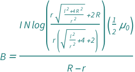 QuantityVariable["B", "MagneticInduction"] == (Log[(2*QuantityVariable["R", "Radius"] + QuantityVariable["r", "Radius"]*Sqrt[(QuantityVariable["l", "Length"]^2 + 4*QuantityVariable["R", "Radius"]^2)/QuantityVariable["r", "Radius"]^2])/((2 + Sqrt[4 + QuantityVariable["l", "Length"]^2/QuantityVariable["r", "Radius"]^2])*QuantityVariable["r", "Radius"])]*Quantity[1/2, "MagneticConstant"]*QuantityVariable["I", "ElectricCurrent"]*QuantityVariable["N", "Unitless"])/(-QuantityVariable["r", "Radius"] + QuantityVariable["R", "Radius"])