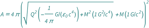 QuantityVariable["A", "Area"] == 4*Pi*(Quantity[1, "GravitationalConstant"/"SpeedOfLight"^2]*QuantityVariable["M", "Mass"] + Sqrt[Quantity[1, "GravitationalConstant"^2/"SpeedOfLight"^4]*QuantityVariable["M", "Mass"]^2 + Quantity[-1/(4*Pi), "GravitationalConstant"/("ElectricConstant"*"SpeedOfLight"^4)]*QuantityVariable["Q", "ElectricCharge"]^2])^2