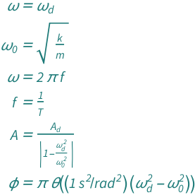 {QuantityVariable["ω", "AngularFrequency"] == QuantityVariable[Subscript["ω", "d"], "AngularFrequency"], QuantityVariable[Subscript["ω", "0"], "AngularFrequency"] == Sqrt[QuantityVariable["k", "SpringConstant"]/QuantityVariable["m", "Mass"]], QuantityVariable["ω", "AngularFrequency"] == 2*Pi*QuantityVariable["f", "Frequency"], QuantityVariable["f", "Frequency"] == QuantityVariable["T", "Period"]^(-1), QuantityVariable["A", "Unitless"] == QuantityVariable[Subscript["A", "d"], "Unitless"]/Abs[1 - QuantityVariable[Subscript["ω", "d"], "AngularFrequency"]^2/QuantityVariable[Subscript["ω", "0"], "AngularFrequency"]^2], QuantityVariable["ϕ", "Angle"] == Pi*HeavisideTheta[Quantity[1, "Seconds"^2/"Radians"^2]*(-QuantityVariable[Subscript["ω", "0"], "AngularFrequency"]^2 + QuantityVariable[Subscript["ω", "d"], "AngularFrequency"]^2)]}