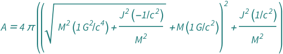 QuantityVariable["A", "Area"] == 4*Pi*((Quantity[1, "SpeedOfLight"^(-2)]*QuantityVariable["J", "AngularMomentum"]^2)/QuantityVariable["M", "Mass"]^2 + (Quantity[1, "GravitationalConstant"/"SpeedOfLight"^2]*QuantityVariable["M", "Mass"] + Sqrt[(Quantity[-1, "SpeedOfLight"^(-2)]*QuantityVariable["J", "AngularMomentum"]^2)/QuantityVariable["M", "Mass"]^2 + Quantity[1, "GravitationalConstant"^2/"SpeedOfLight"^4]*QuantityVariable["M", "Mass"]^2])^2)