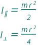 {QuantityVariable[Subscript["I", "∥"], "MomentOfInertia"] == (QuantityVariable["m", "Mass"]*QuantityVariable["r", "Radius"]^2)/2, QuantityVariable[Subscript["I", "⊥"], "MomentOfInertia"] == (QuantityVariable["m", "Mass"]*QuantityVariable["r", "Radius"]^2)/4}