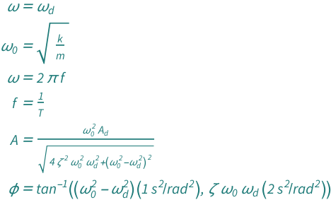 {QuantityVariable["ω", "AngularFrequency"] == QuantityVariable[Subscript["ω", "d"], "AngularFrequency"], QuantityVariable[Subscript["ω", "0"], "AngularFrequency"] == Sqrt[QuantityVariable["k", "SpringConstant"]/QuantityVariable["m", "Mass"]], QuantityVariable["ω", "AngularFrequency"] == 2*Pi*QuantityVariable["f", "Frequency"], QuantityVariable["f", "Frequency"] == QuantityVariable["T", "Period"]^(-1), QuantityVariable["A", "Unitless"] == (QuantityVariable[Subscript["A", "d"], "Unitless"]*QuantityVariable[Subscript["ω", "0"], "AngularFrequency"]^2)/Sqrt[4*QuantityVariable["ζ", "Unitless"]^2*QuantityVariable[Subscript["ω", "0"], "AngularFrequency"]^2*QuantityVariable[Subscript["ω", "d"], "AngularFrequency"]^2 + (QuantityVariable[Subscript["ω", "0"], "AngularFrequency"]^2 - QuantityVariable[Subscript["ω", "d"], "AngularFrequency"]^2)^2], QuantityVariable["ϕ", "Angle"] == ArcTan[Quantity[1, "Seconds"^2/"Radians"^2]*(QuantityVariable[Subscript["ω", "0"], "AngularFrequency"]^2 - QuantityVariable[Subscript["ω", "d"], "AngularFrequency"]^2), Quantity[2, "Seconds"^2/"Radians"^2]*QuantityVariable["ζ", "Unitless"]*QuantityVariable[Subscript["ω", "0"], "AngularFrequency"]*QuantityVariable[Subscript["ω", "d"], "AngularFrequency"]]}