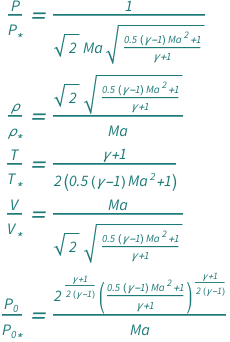 {QuantityVariable["P"/Subscript["P", "*"], "Unitless"] == 1/(Sqrt[2]*QuantityVariable["Ma", "MachNumber"]*Sqrt[(1 + 0.5*QuantityVariable["Ma", "MachNumber"]^2*(-1 + QuantityVariable["γ", "HeatCapacityRatio"]))/(1 + QuantityVariable["γ", "HeatCapacityRatio"])]), QuantityVariable["ρ"/SubStar["ρ"], "Unitless"] == (Sqrt[2]*Sqrt[(1 + 0.5*QuantityVariable["Ma", "MachNumber"]^2*(-1 + QuantityVariable["γ", "HeatCapacityRatio"]))/(1 + QuantityVariable["γ", "HeatCapacityRatio"])])/QuantityVariable["Ma", "MachNumber"], QuantityVariable["T"/SubStar["T"], "Unitless"] == (1 + QuantityVariable["γ", "HeatCapacityRatio"])/(2*(1 + 0.5*QuantityVariable["Ma", "MachNumber"]^2*(-1 + QuantityVariable["γ", "HeatCapacityRatio"]))), QuantityVariable["V"/SubStar["V"], "Unitless"] == QuantityVariable["Ma", "MachNumber"]/(Sqrt[2]*Sqrt[(1 + 0.5*QuantityVariable["Ma", "MachNumber"]^2*(-1 + QuantityVariable["γ", "HeatCapacityRatio"]))/(1 + QuantityVariable["γ", "HeatCapacityRatio"])]), QuantityVariable[Subscript["P", "0"]/Subscript["P", "0*"], "Unitless"] == (2^((1 + QuantityVariable["γ", "HeatCapacityRatio"])/(2*(-1 + QuantityVariable["γ", "HeatCapacityRatio"])))*((1 + 0.5*QuantityVariable["Ma", "MachNumber"]^2*(-1 + QuantityVariable["γ", "HeatCapacityRatio"]))/(1 + QuantityVariable["γ", "HeatCapacityRatio"]))^((1 + QuantityVariable["γ", "HeatCapacityRatio"])/(2*(-1 + QuantityVariable["γ", "HeatCapacityRatio"]))))/QuantityVariable["Ma", "MachNumber"]}