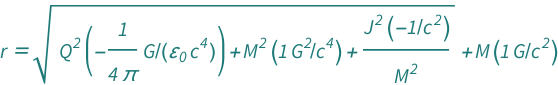 QuantityVariable["r", "Radius"] == Quantity[1, "GravitationalConstant"/"SpeedOfLight"^2]*QuantityVariable["M", "Mass"] + Sqrt[(Quantity[-1, "SpeedOfLight"^(-2)]*QuantityVariable["J", "AngularMomentum"]^2)/QuantityVariable["M", "Mass"]^2 + Quantity[1, "GravitationalConstant"^2/"SpeedOfLight"^4]*QuantityVariable["M", "Mass"]^2 + Quantity[-1/(4*Pi), "GravitationalConstant"/("ElectricConstant"*"SpeedOfLight"^4)]*QuantityVariable["Q", "ElectricCharge"]^2]